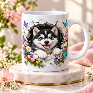 Keramický hrnek „Husky v květinové zdi“ – 330 ml